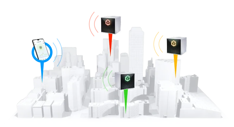 Illustration of three cube-shaped monitors with green, amber and red indicators placed over a city model, next to a phone showing the air-quality app.