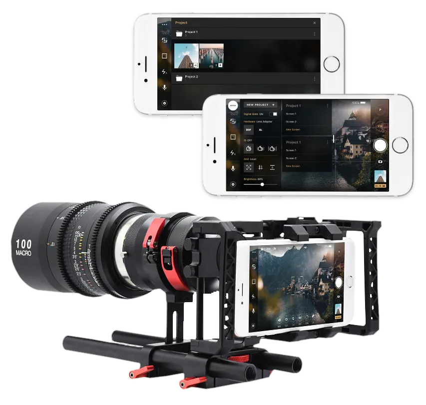 Beastcam camera app displayed on iPhone screens mounted with a camera and lens rig.