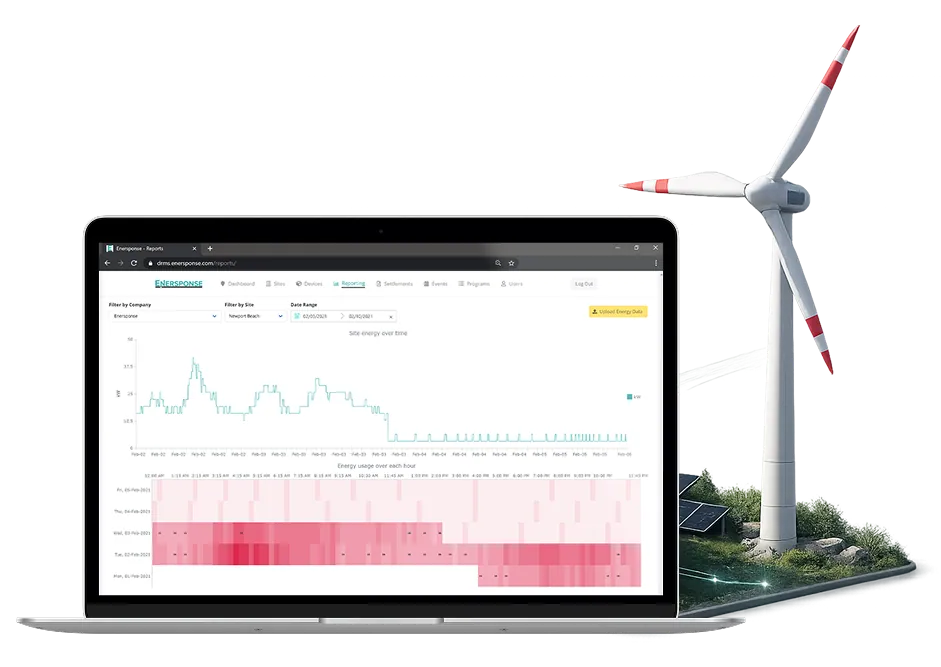 Enersponse DRMS reports page on a laptop with a site-energy line chart and an hourly usage heat map, beside a wind turbine and solar panel illustration.