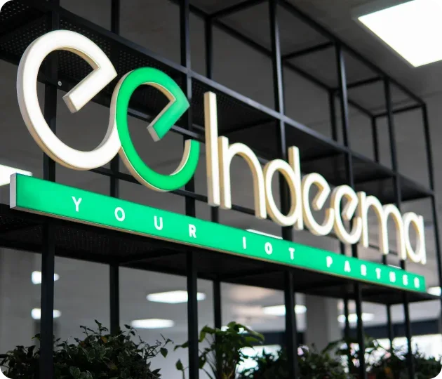 The Indeema Software sign on a wall in the company office.
