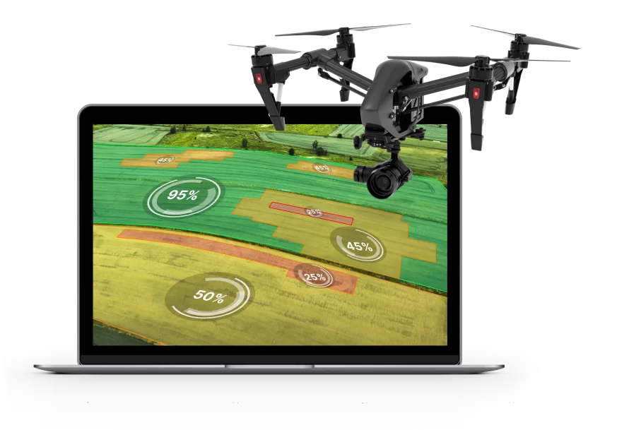 Illustration of a camera drone above a laptop showing an aerial crop-health map with field zones marked 25 to 95 percent