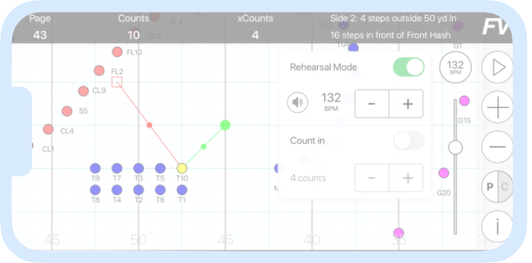 Phone screen of the UDB app showing performer markers on a field grid with page 43, counts and step information at the top, and a Rehearsal Mode panel with a 132 BPM tempo control.