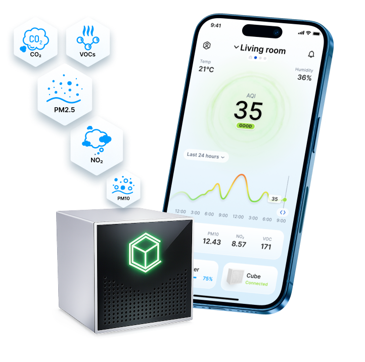 Cube Air indoor air monitor with its mobile app showing the air-quality index and pollutant readings