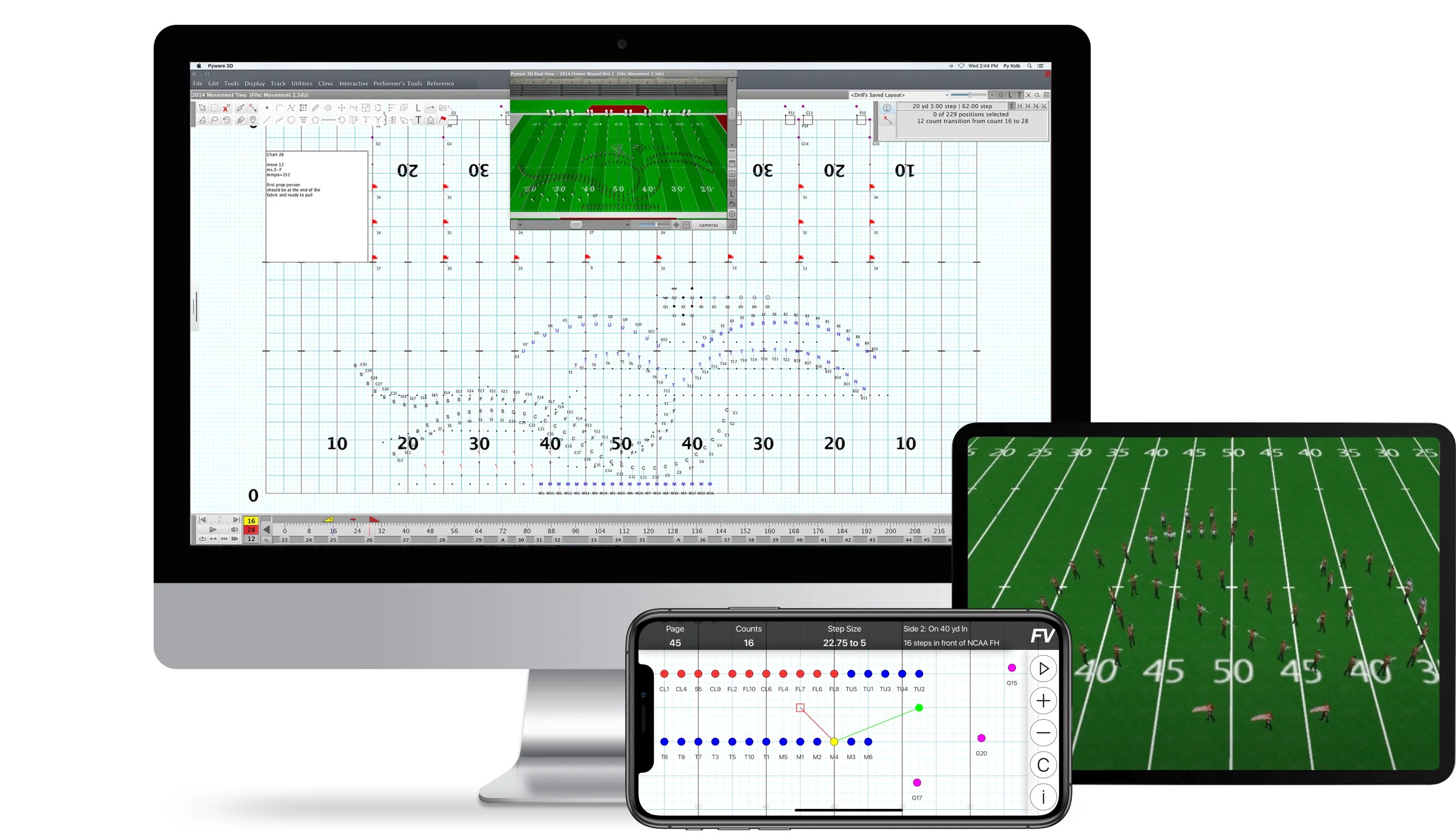 A phone running the UDB app with colored performer markers, page, counts and step size, in front of a desktop monitor showing a drill chart on a football-field grid and a tablet showing marchers on a field.