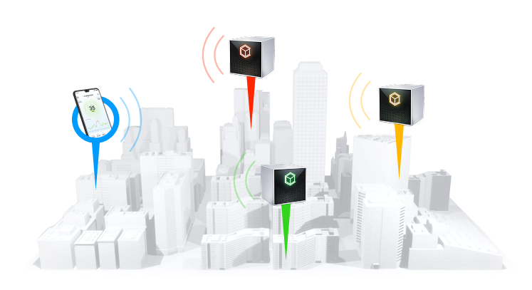 Illustration of three cube-shaped monitors with green, amber and red indicators placed over a city model, next to a phone showing the air-quality app.