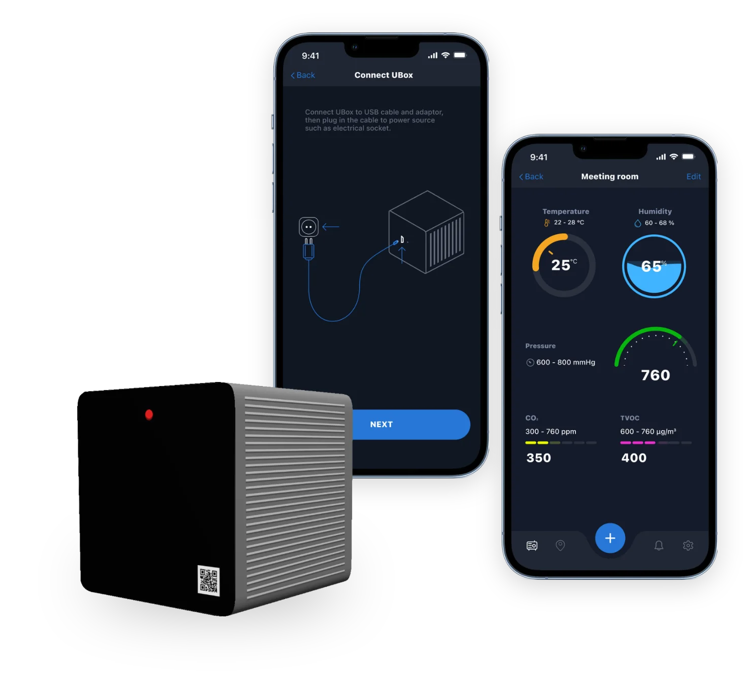 UBox indoor environment monitor with the UBreez app showing device setup and meeting-room readings