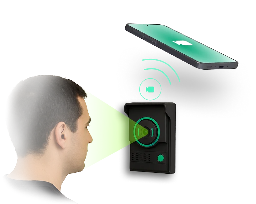 Illustration of a person in front of a black door intercom panel whose camera sends video to a smartphone