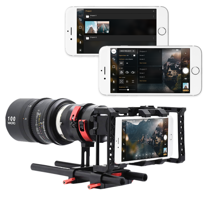 Beastcam camera app displayed on iPhone screens mounted with a camera and lens rig.