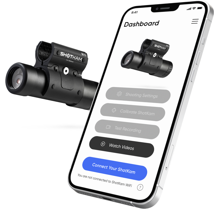ShotKam camera beside its companion app dashboard with shooting settings, calibration and video controls