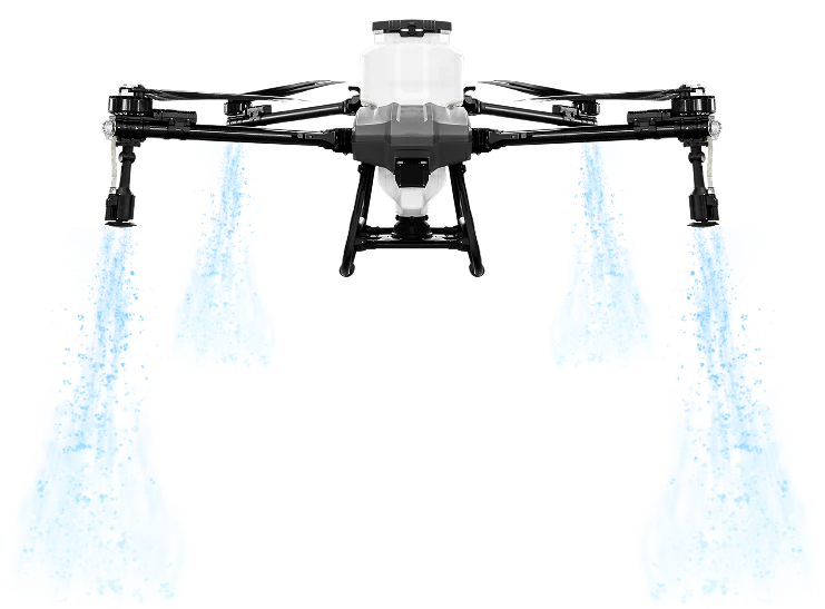 Crop-spraying quadcopter with a white tank, releasing four blue spray plumes, on a white background
