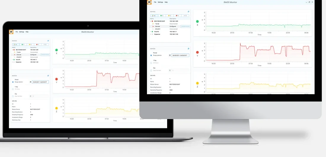 A vibration monitoring application on a laptop and a desktop monitor, with device status and three colour-coded trend traces