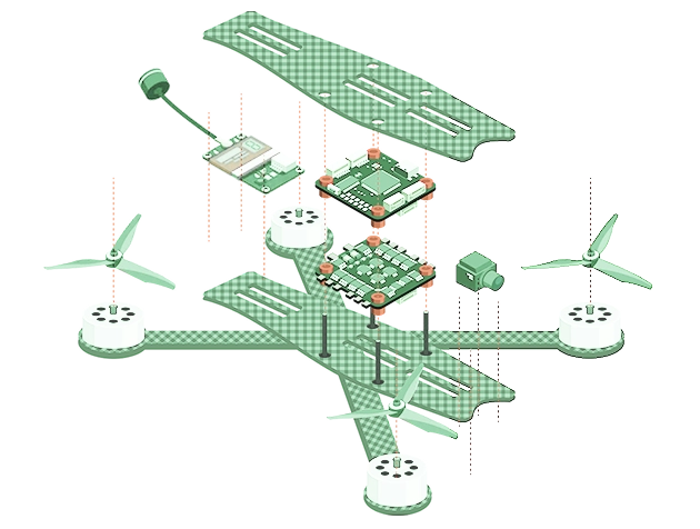 Exploded isometric drawing of a quadcopter in green: top plate, flight-controller board, speed-controller board, a small radio module with antenna, a camera, four motors with propellers and the standoffs between them