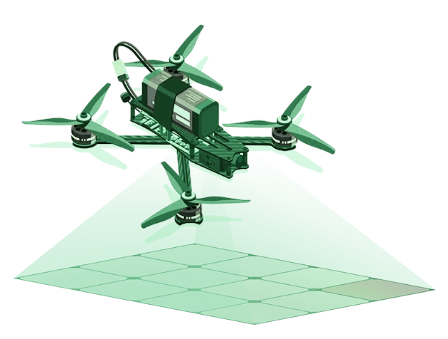 Isometric drawing of a green quadcopter carrying a camera, projecting a translucent cone onto a tiled grid below it