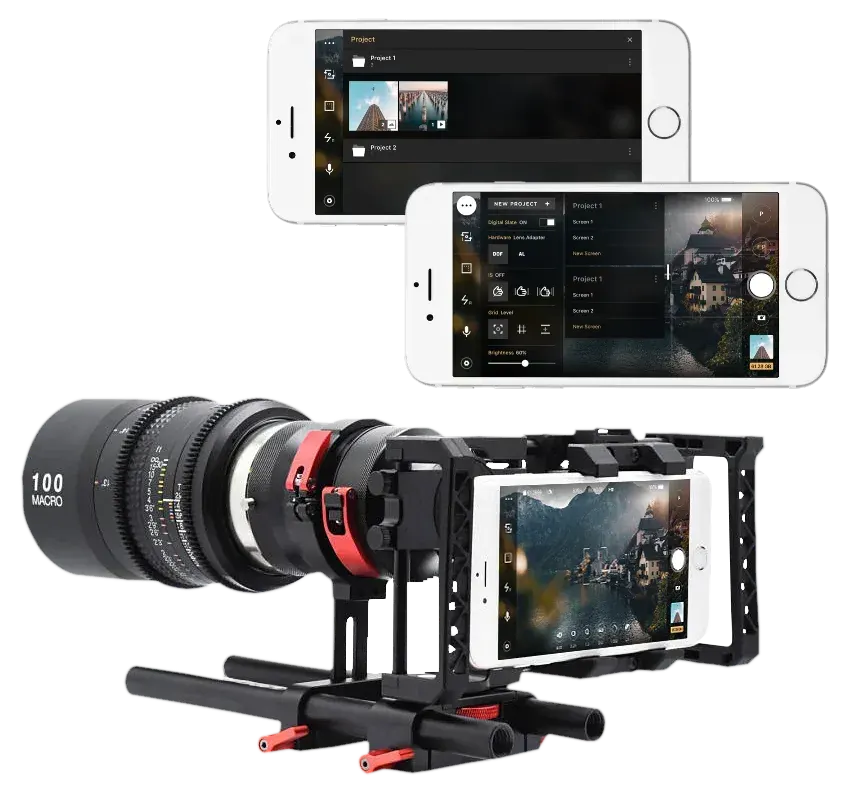 Beastcam iPhone camera app screens, and an iPhone mounted in a camera rig with a macro lens