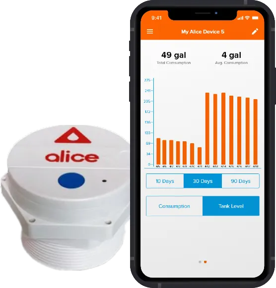Alice heating-oil tank gauge with the mobile app showing tank consumption over 30 days