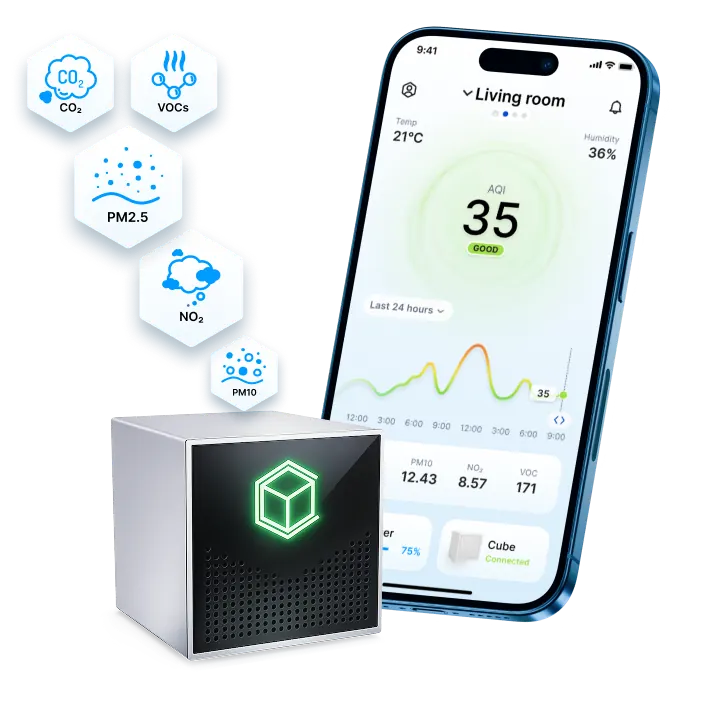 Cube Air indoor air monitor with its mobile app showing the air-quality index and pollutant readings