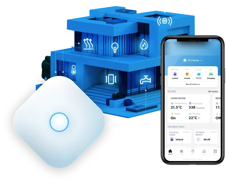 Smart-home hub device and connected-building illustration with the mobile app's home overview of door, alarm and room status