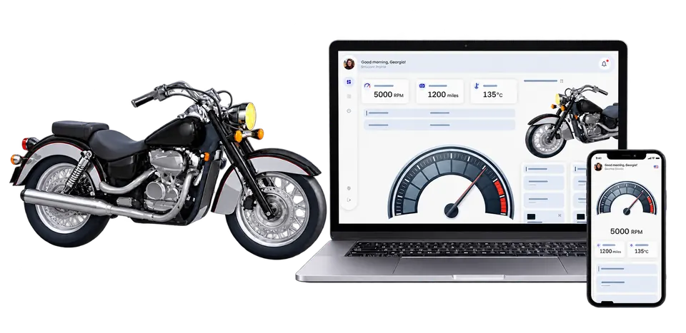 Illustration of a motorbike beside a laptop and a smartphone showing a vehicle dashboard with engine speed, mileage and temperature
