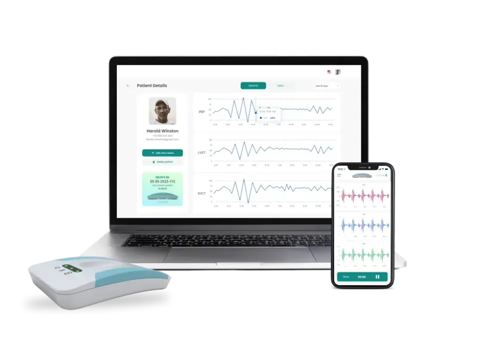 Sensocor heart-signal sensor unit with the patient app and the doctor web portal showing signal traces