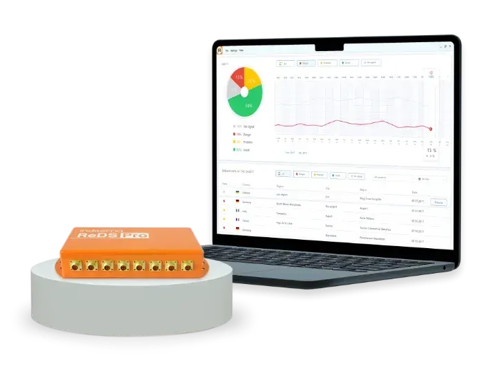 iReDS Pro vibration diagnostic unit in front of a laptop showing its machine condition-monitoring dashboard