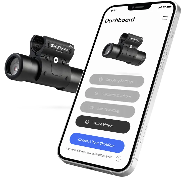 ShotKam camera beside its companion app dashboard with shooting settings, calibration and video controls