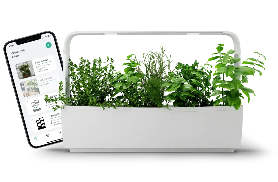 Greenery NYC plant-care app on a phone beside an indoor planter with grow lights