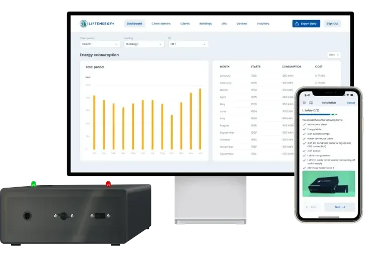 LiftEnergy+ lift monitoring device beside its web portal showing monthly energy consumption