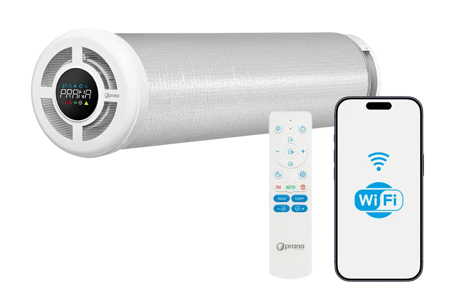 Prana decentralized ventilation unit with its remote control and a phone showing the Wi-Fi app connection