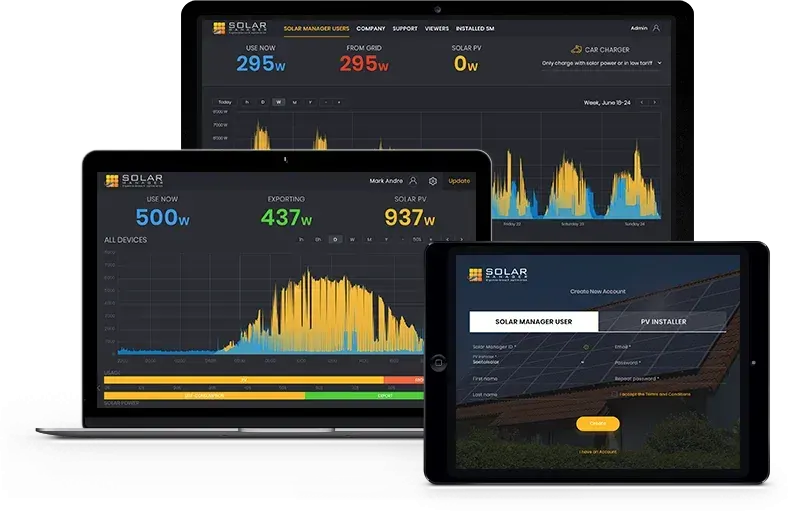Solar Manager web service on laptop and tablet screens, showing live consumption, export and PV production