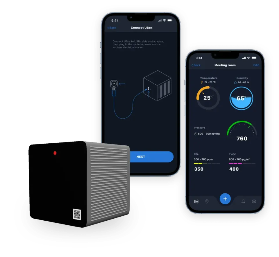 UBox indoor environment monitor with the UBreez app showing device setup and meeting-room readings