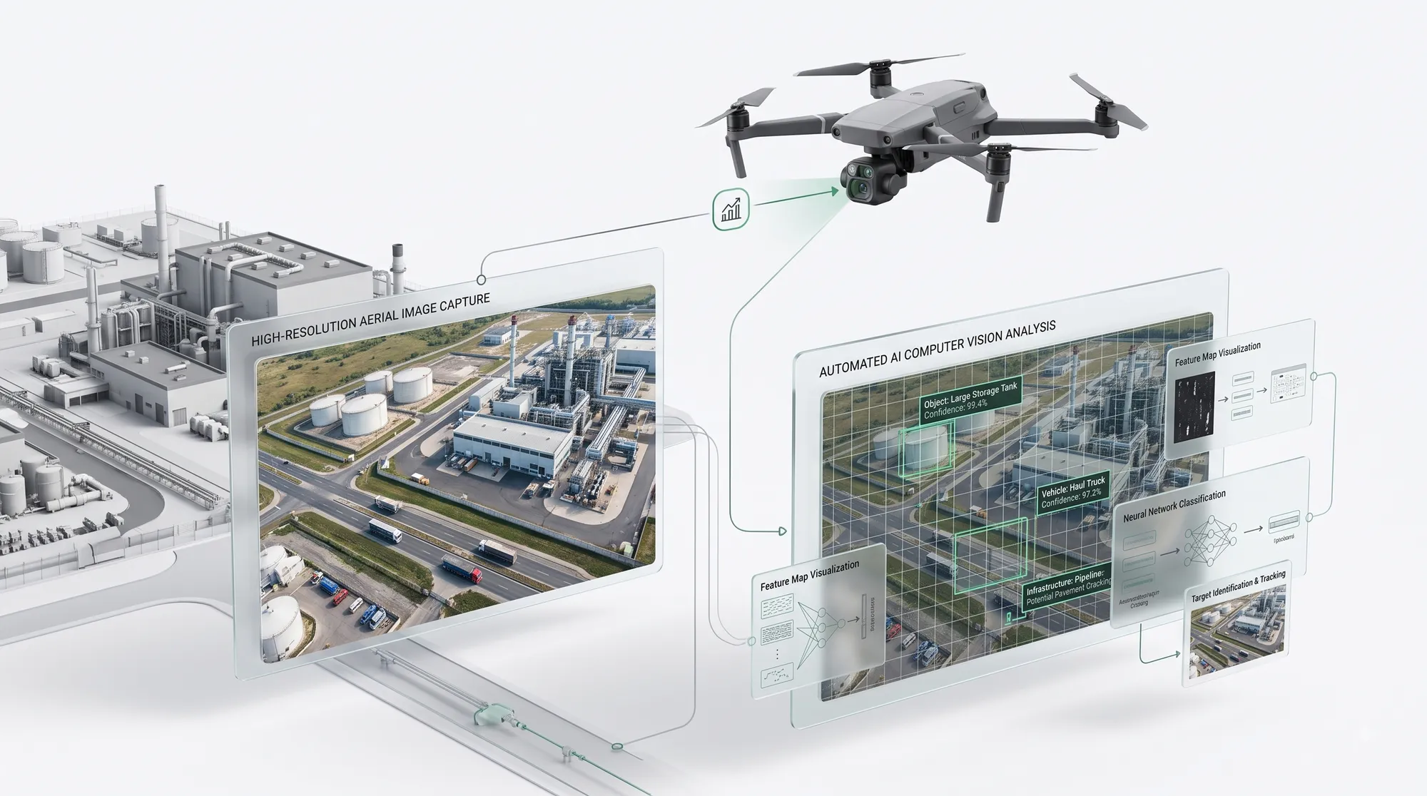 A drone capturing images of an industrial site, with the aerial images and their analysis on panels below it