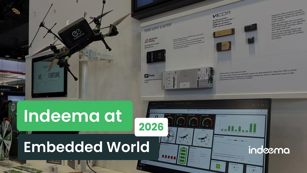 Video still: an Indeema drone mounted above a telemetry dashboard on an exhibition stand, captioned Indeema at Embedded World 2026