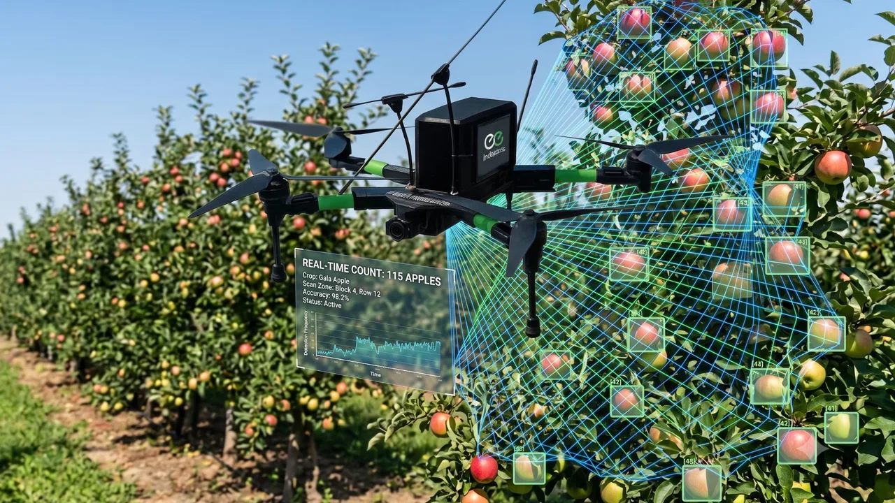 A drone over an apple orchard row, with detected apples outlined and a real-time count panel beside it