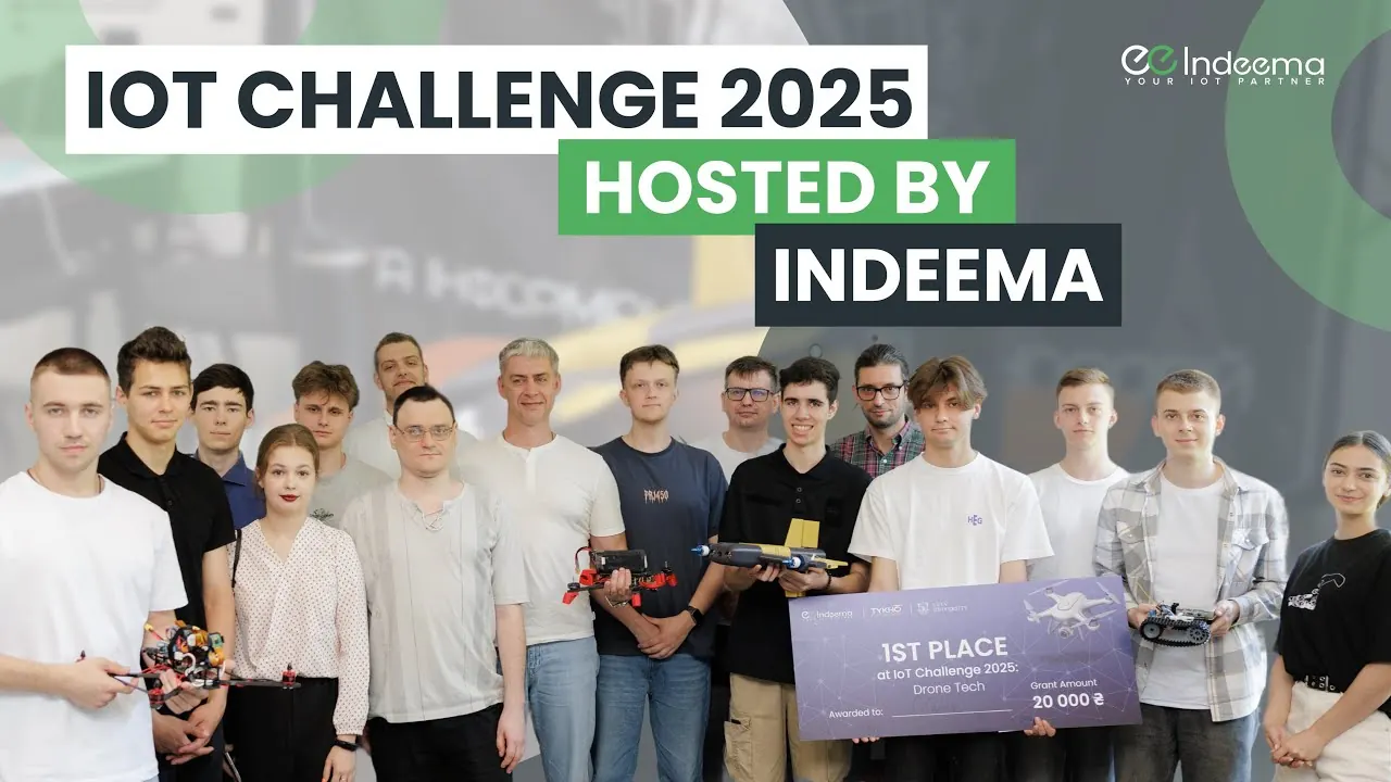 Video still: student teams holding their drone prototypes and a first-place grant board, captioned IoT Challenge 2025 hosted by Indeema