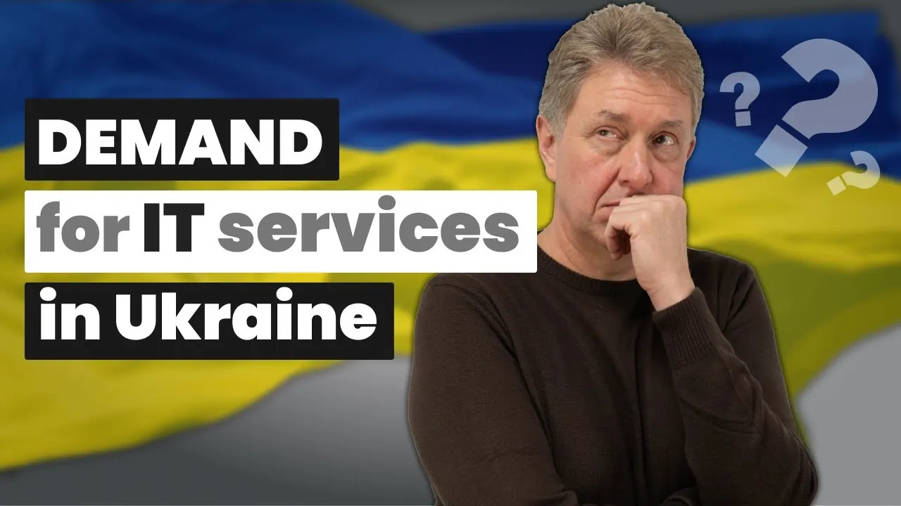 Video still: a presenter in front of the Ukrainian flag beside the words Demand for IT services in Ukraine