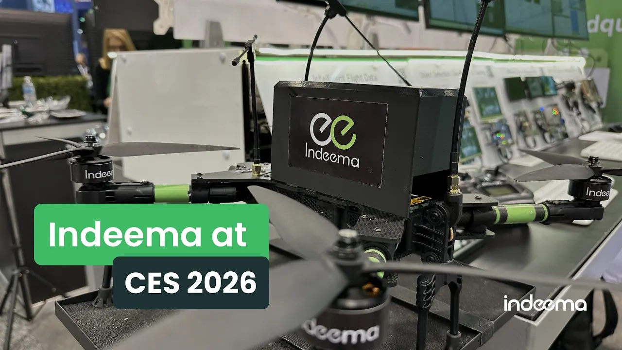 Video still: an Indeema-branded quadcopter on a trade-show stand, captioned Indeema at CES 2026