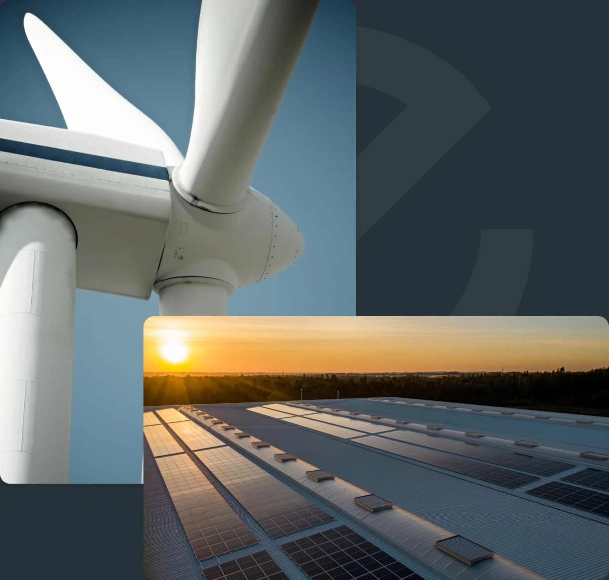 Wind turbine and rooftop solar panels representing custom energy software solutions
